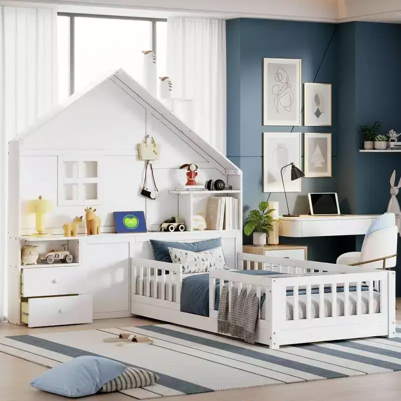 Twin Platform Bed with Storage Drawers, USB Charging Station & Windowed House Headboard