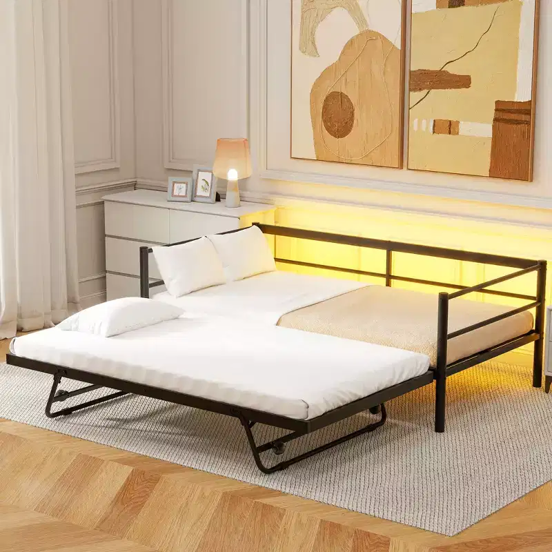 GDFStudio Adam Metal Twin Size Daybed with LED and Pop Up Trundle Bed