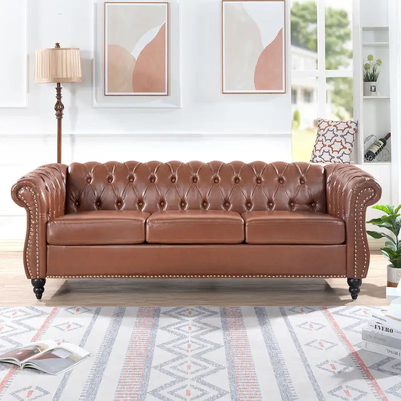 Classically Elegant 84.65 Three-Seater Rolled Arm Chesterfield Sofa in PU Leather - Sturdy Birch Legs, Soft Upholstery