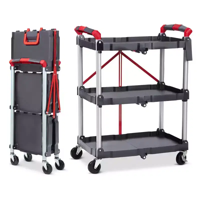 Utility Cart Rolling, 3-Tier Foldable Service Cart w/Lockable Wheels & 168LBS Capacity, Collapsible Trolley for Home Office Garage Warehouse