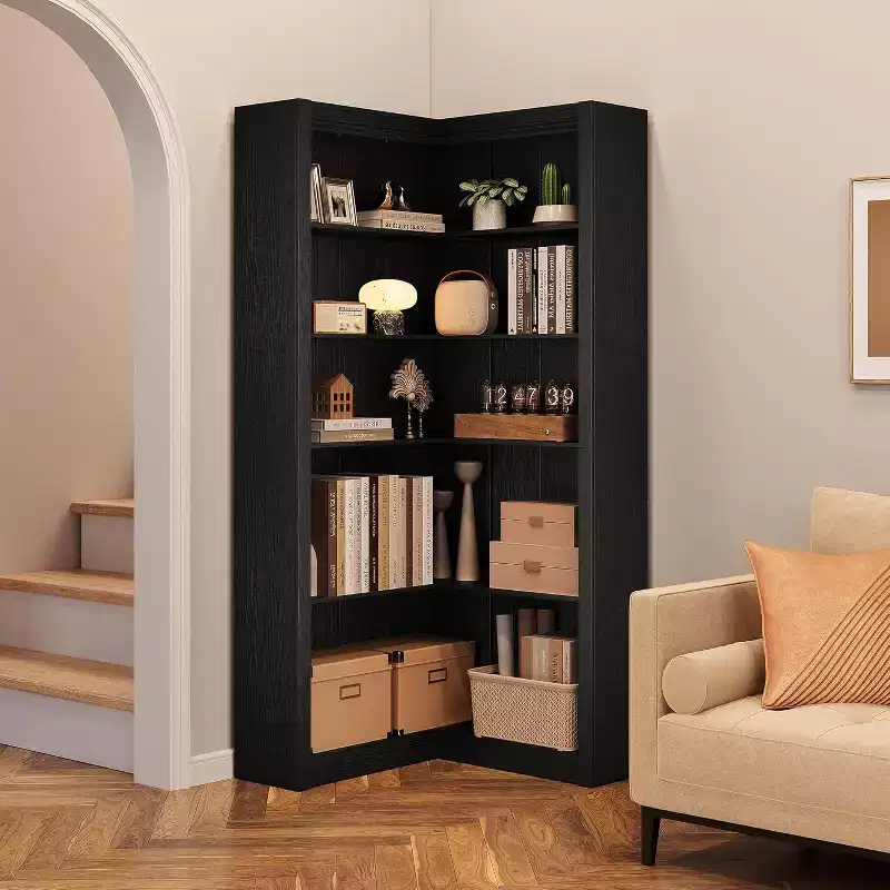 5-Tier L-Shaped Corner Bookshelf, Black / Brown / Natural / White, 71.8