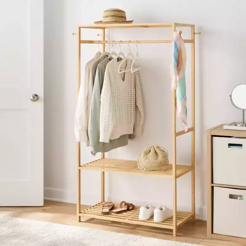 Bamboo Garment Rack with 2 Shelves & Top Rack, 40 lb Capacity, 60