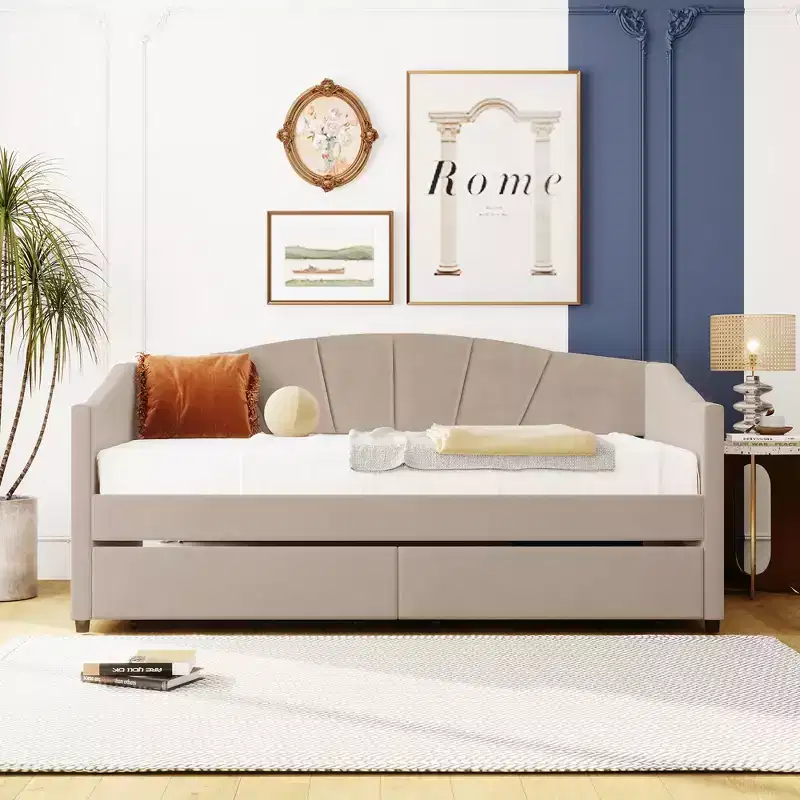 Twin Size Upholstered Daybed with Storage Drawers, Velvet L-Shaped Sofa Bed with Headboard and Armrest for Bedroom