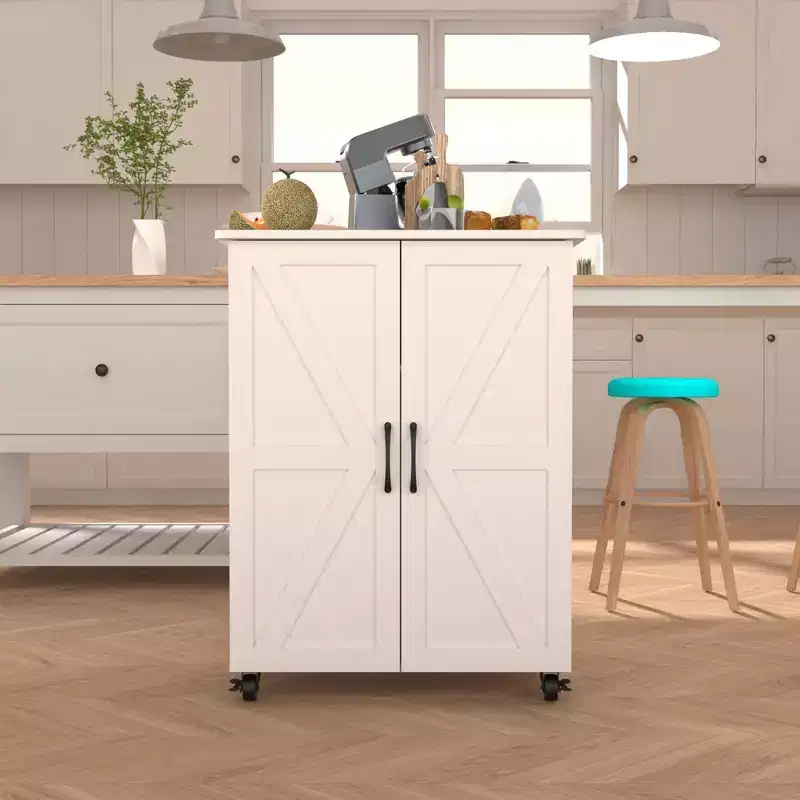 Farmhouse Kitchen Island with 2 Cabinet Doors, Kitchen Cart with Ample Storage Space, Kitchen Island On Wheels for Kitchen, Dining Room, White