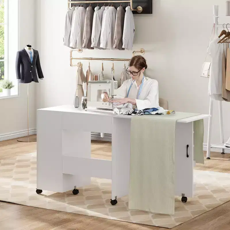 Sewing Table with Storage, Folding Craft Table with Lockable Wheels and Sliding Drawer