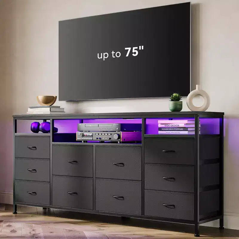 Zstar TV Stand with 10 Fabric Drawers for 65 70 75 Inches TV, 63 W Entertainment Center TV Console Table with LED Lights & Open Storage Shelves