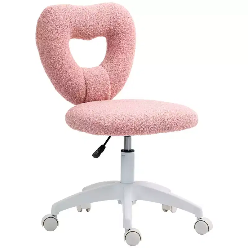 Armless Computer Desk Chair, Office Task Chair, Teddy Fleece Heart Makeup Vanity Chair with Swivel Wheels