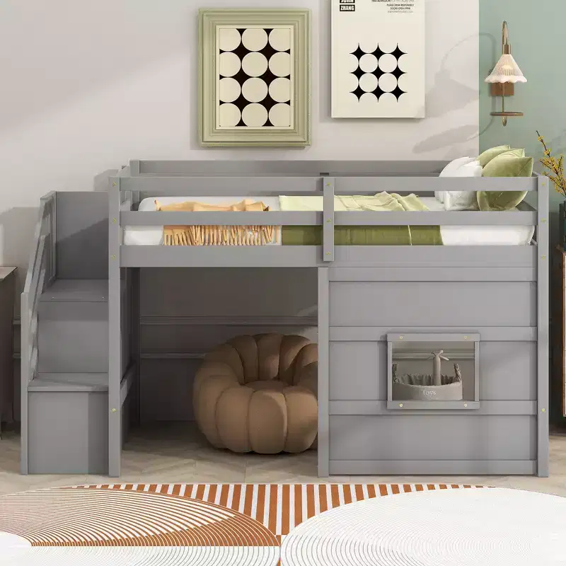 Whisen 94.8''L x 41.8''W Wood Twin Size Loft Bed with Storage Staircase and Window