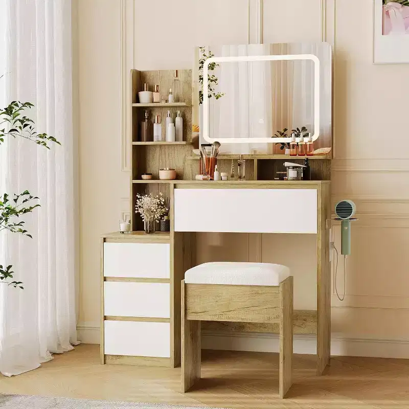 Makeup Vanity Desk with Mirror and Lights with Drawers, Stool, Dressing Table for Bedroom, Women