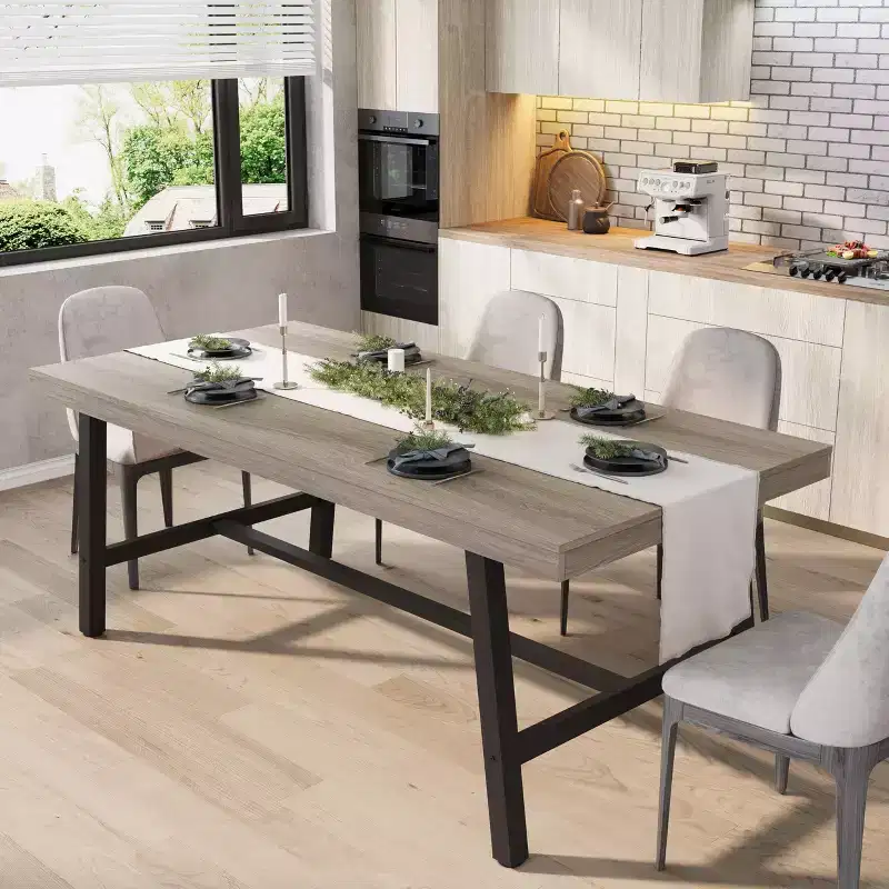 70.9 Inch Dining Table for 6-8, Large Industrial Rectangle Table with Wood Top and Metal Legs for Kitchen Dining Room, Gray