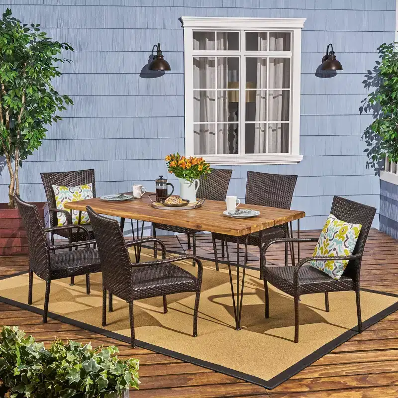 7pc Walker Acacia & Wicker Patio Dining Set Teak - Christopher Knight Home: Outdoor Seating, Hairpin Table