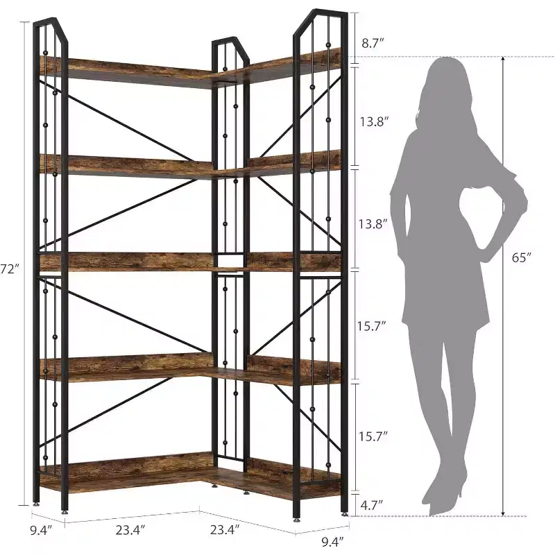 Industrial L-Shaped Corner Bookshelf, 72 5-Tier Metal and Wood Bookcase for Living Room, Black/Rustic