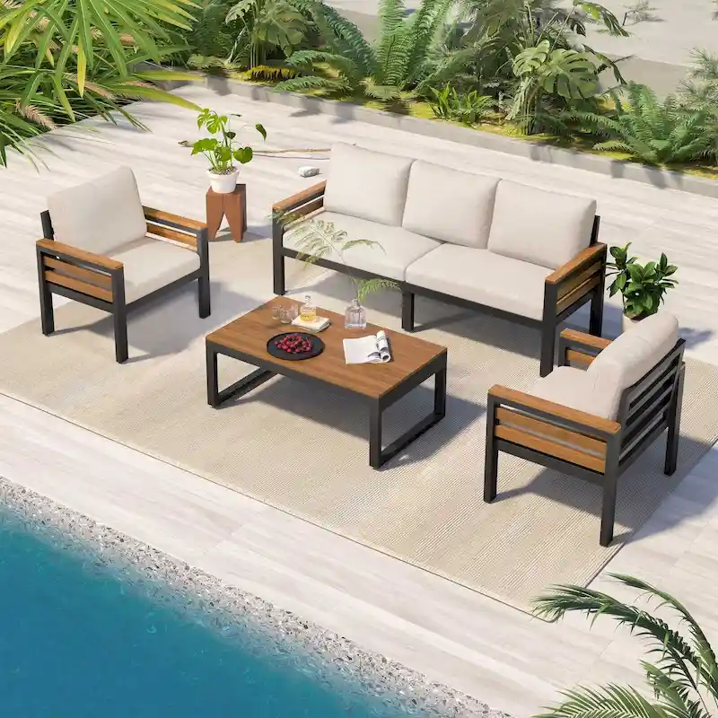 4-Piece Outdoor Sofa Set for 5 with Solid Wood Coffee Table and Removable Cushions