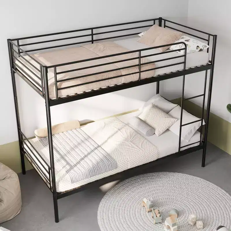 Twin Size Heavy Duty Metal Bunk Bed with Ladders & High Guardrail – Contemporary Bed Frame for Bedroom