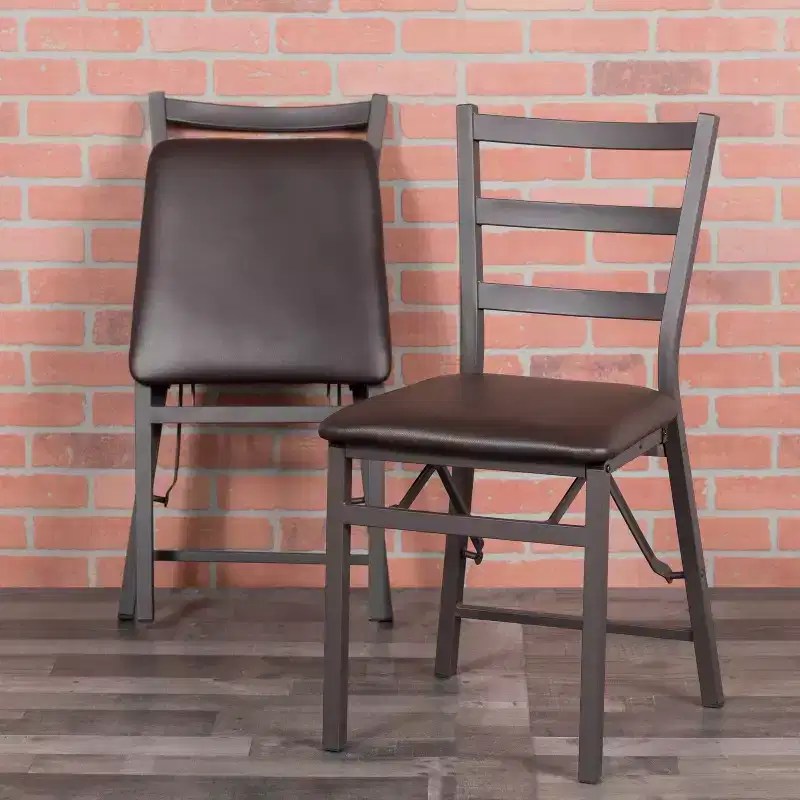2 Pack Series Brown Folding Ladder Back Metal Chair with Brown Vinyl Seat