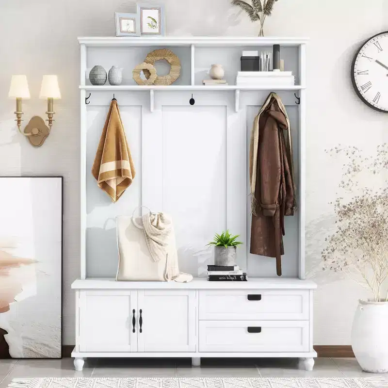 Okak Modern Hall Tree with Storage Cabinet and 2 Large Drawers, Widen Coat Rack with 5 Hooks, Coat Tree for Entryway, Living Room, White