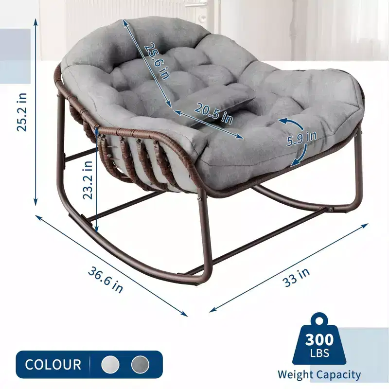 Outdoor Rocking Chair, Oversized Patio Egg Chair with Padded Cushion, Rattan Wicker Papasan Rocker for Indoor, Porch, Backyard