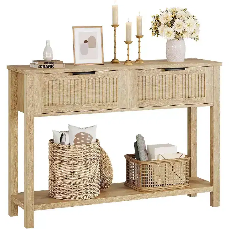 Modern Fluted Console Table with 2 Drawers Narrow Entryway Sofa Table with Storage Shelf for Living Room, Hallway, Foyer Burlywood