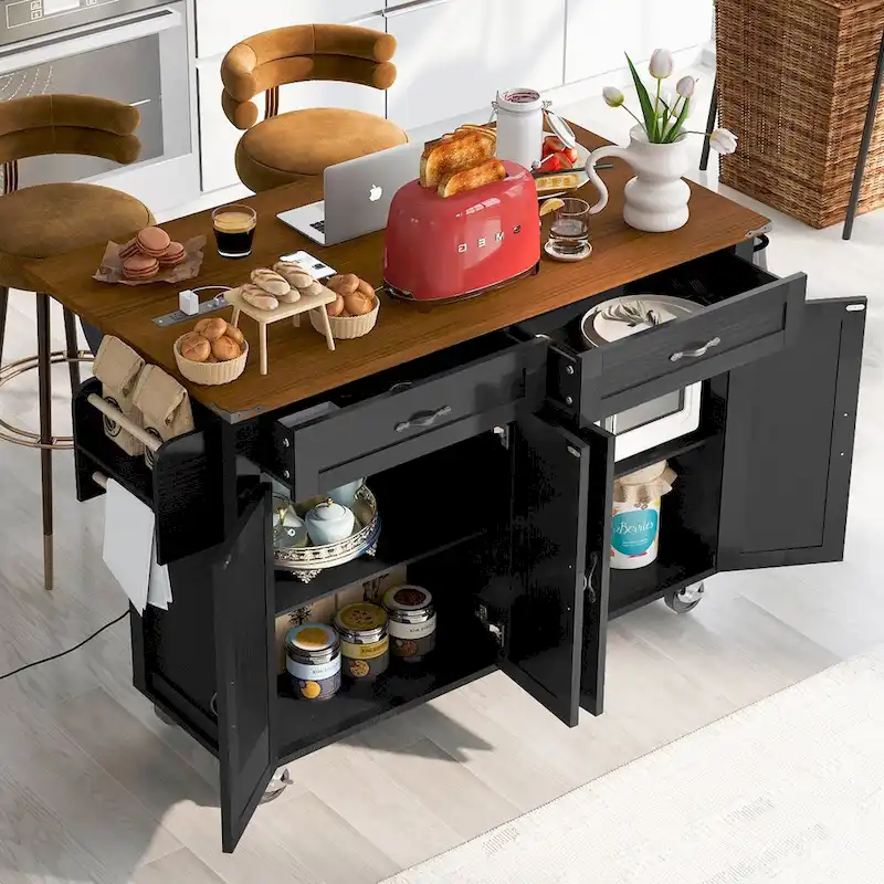 53.5 Farmhouse Kitchen Trolley with Power Outlet, Drop Leaf, Spice Rack, and Drawers, Mobile Cart on Wheels