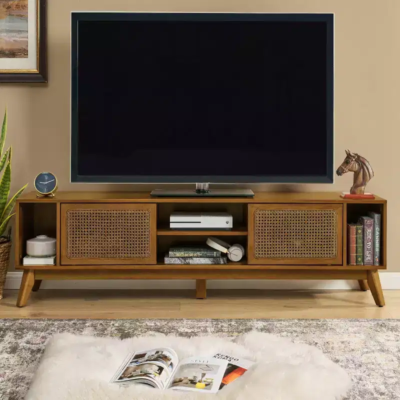 GDFStudio Mandel Mid-Century Modern 67.9 Wood and Rattan TV Stand with 2 Sliding Doors