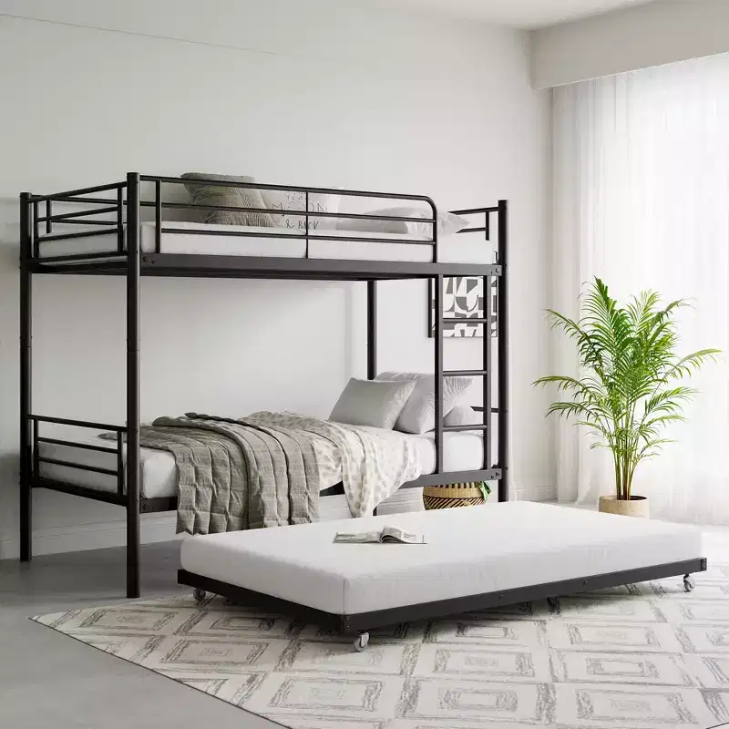 MAYEERTY Twin Size Black Metal Bunk Bed with Trundle Ladder Full Length Guardrail Noise Free No Box Spring Needed