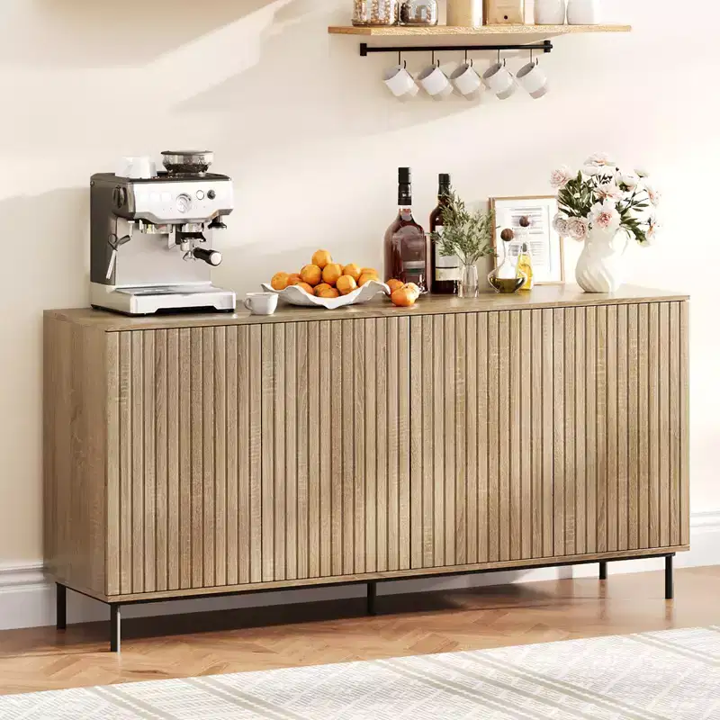 63 Modern Farmhouse Sideboard Cabinet, Modern Accent Storage Cabinet, 4 Fluted Doors & Metal Legs, for Kitchen, Dining Room, Living Room