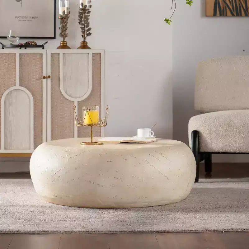 35.4-Inch Modern Round Coffee Table with Faux Stone Top, Smooth Edge, No Assembly Required