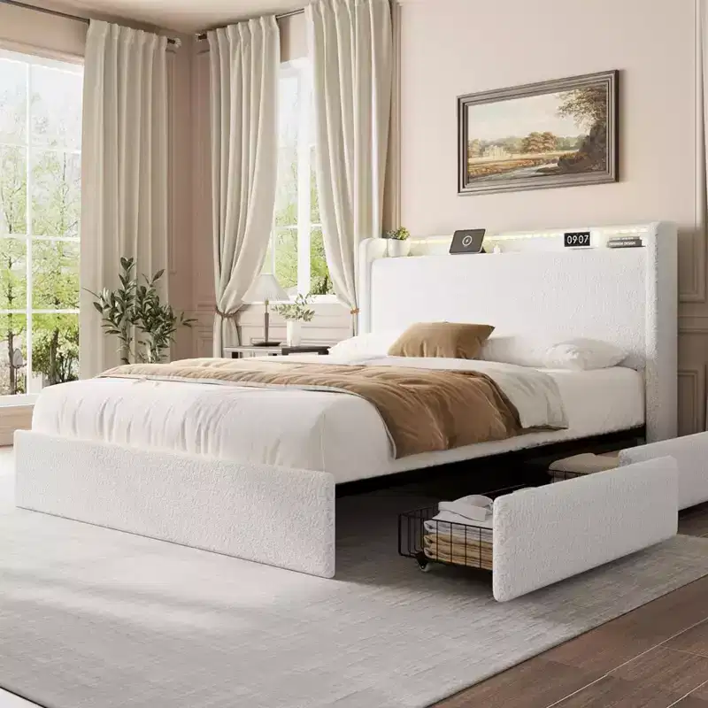 Boucle Upholstered Metal Frame Full Platform Bed with 4 Storage Drawers and LED Lights