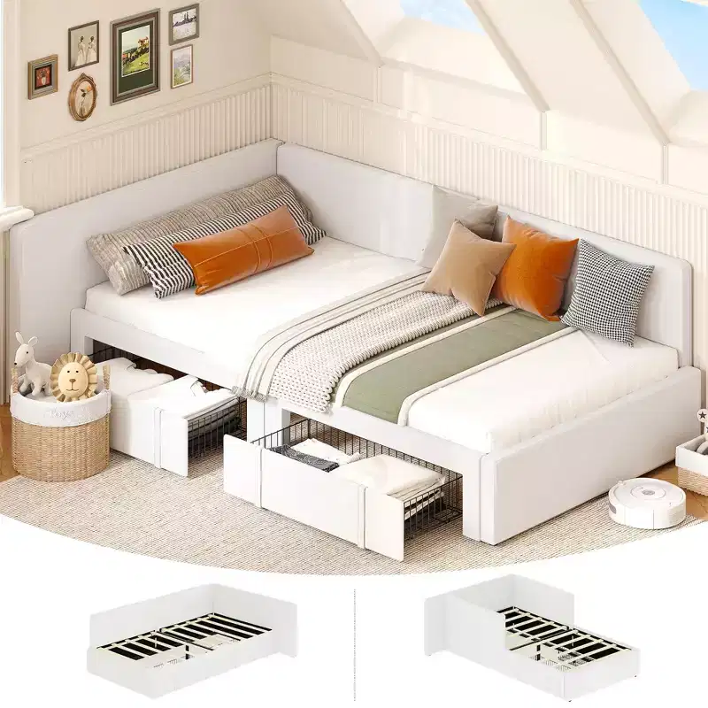 Twin Corner Bed Frame w/ 2 Storage Drawers, Velvet Upholstered Daybed Sofa Bed w/ Headboard & Guardrail for Kids, Teens & Guest Room