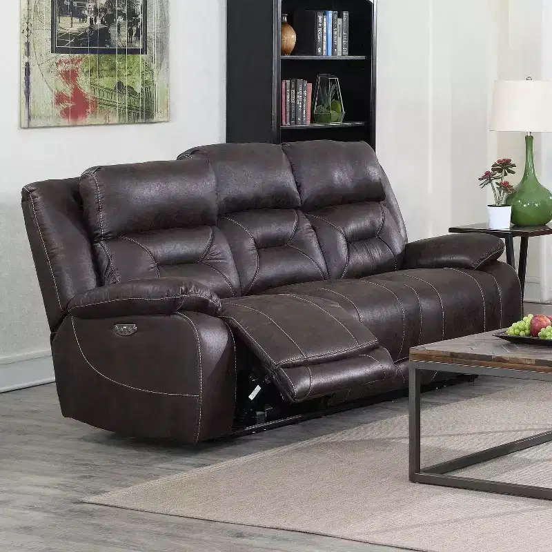 Power Recliner Sofa with Power Head Rest Saddle Brown - Faux Leather, USB Port, 3-Seater Couch