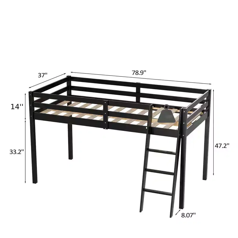 Karl Home Gray Wood Junior Loft Bed with Stairs Full Size for Adults, Kids and Young Teens