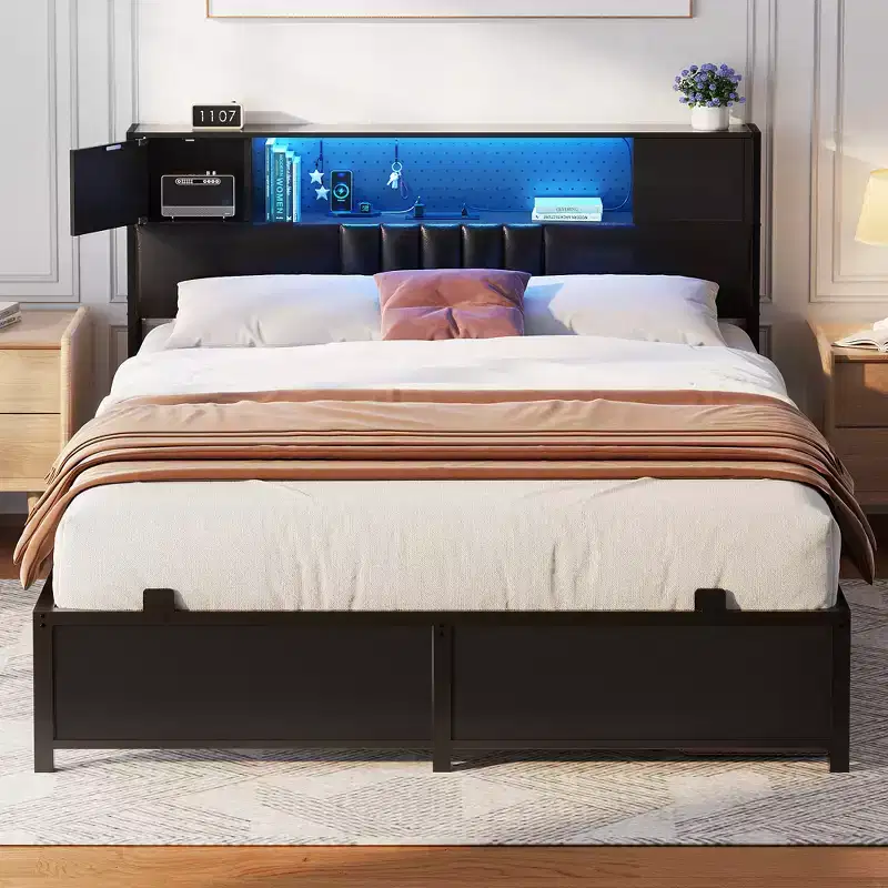 Black / Gray Oak Upholstered Platform Bed Frame with LED Lights & Charging Station – Queen / King, 1 Person
