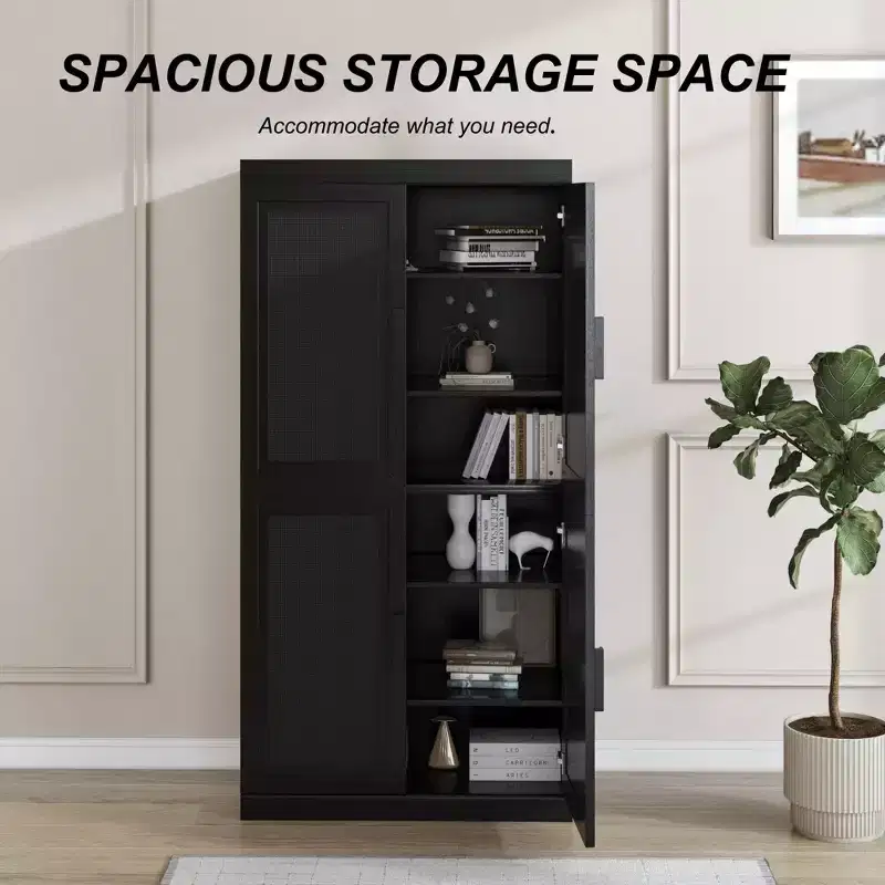62 Black Wood Grain 6-Story Decorative Storage Cabinet with Wicker Door