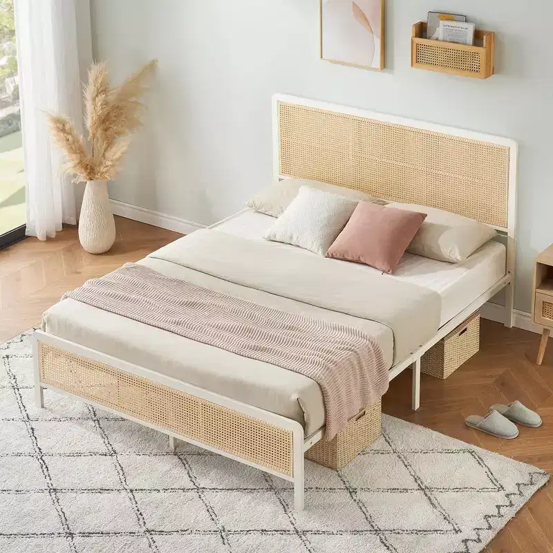 Rattan Platform Bed Frame with Headboard, Modern Cane Boho Bed Frame with Sturdy Steel Slat Support, No Box Spring Needed