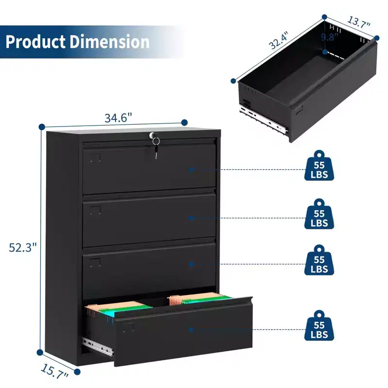 Secure 4-Drawer Lateral File Cabinet  Heavy Duty Steel Filing Storage for Office & Home  Lockable, Fits Legal/Letter/A4 Documents