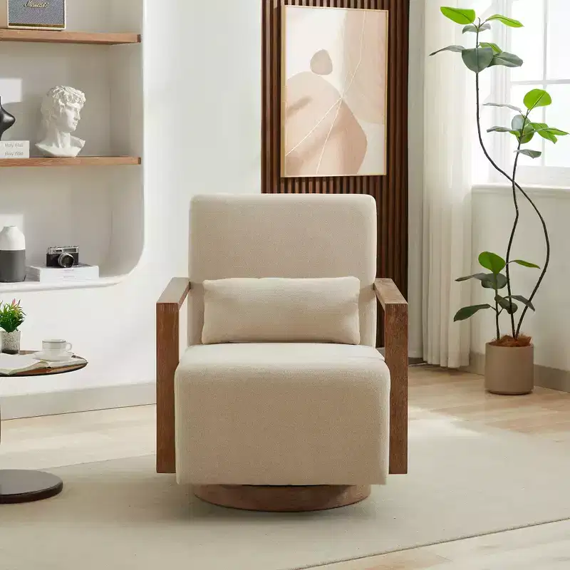 30.31W Modern Swivel Upholstered Accent Chair with Solid Wood Armrests, 360 Degrees Lounge Reading Chair
