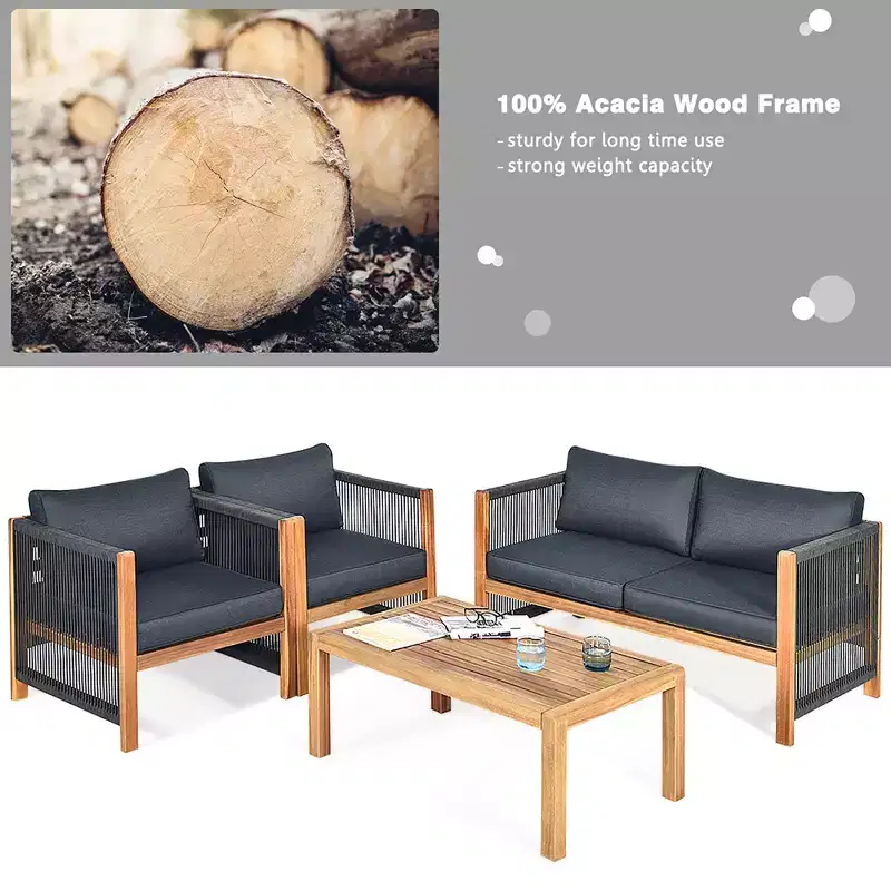 Costway 4PCS Wooden Patio Furniture Set Cushioned Sofa W/Rope Armrest White\Turquoise\Red