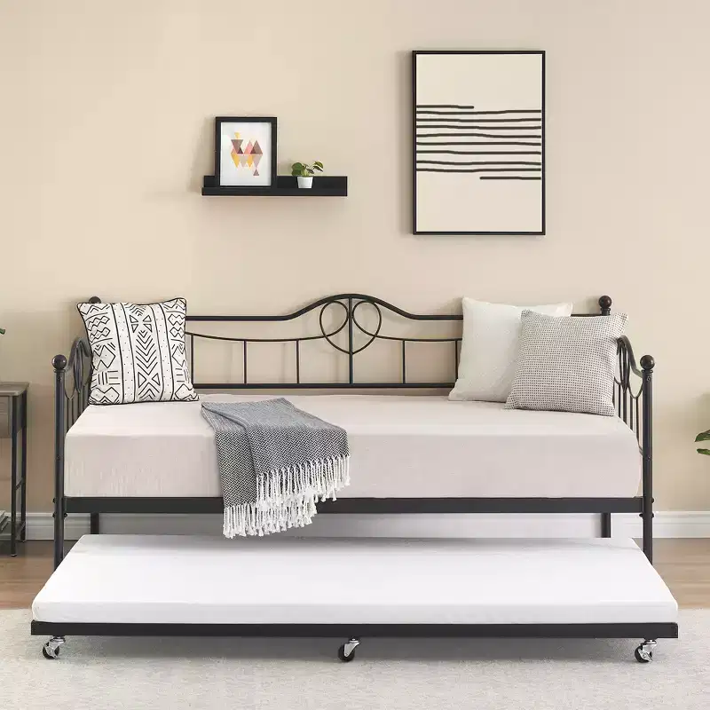 Twin Day Bed with Trundle Bed Twin, Metal Daybed with Trundle, Daybed with Trundle Bed Frame, Steel Slat Support Sofa Bed for Kids Teens Adults