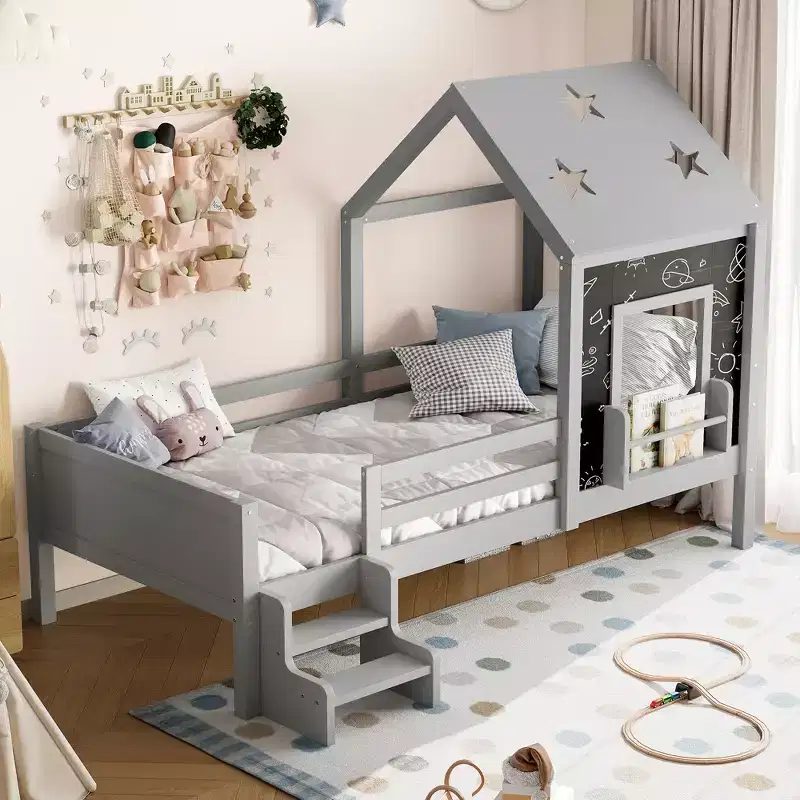 Twin/Full House Bed Platform Bed Frame with Low-Profile Stairs, Bookcase, Blackboard & Star Roof - ModernLuxe