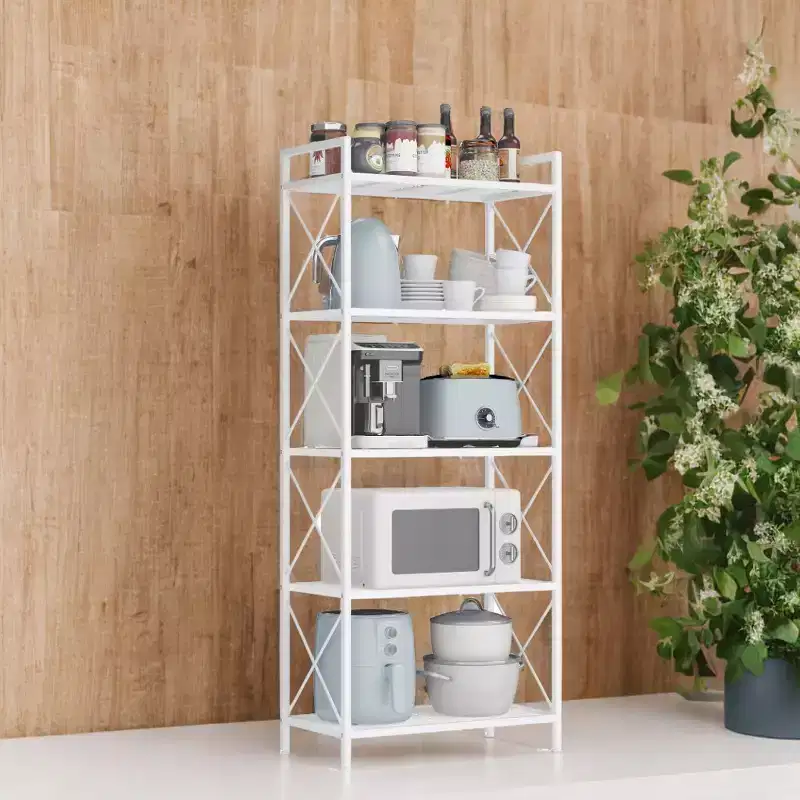 Cloud White 5 - Tier Metal Storage Rack with X Side Frames and Dense Mesh.12.6 x 23.6 x 57.3 inches, it has an industrial style and is perfect