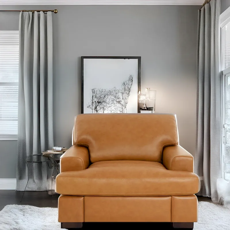 Genuine Leather Accent Chair – Goose Feather Cushion, Square Arms, Block Legs, 400 lb Cap