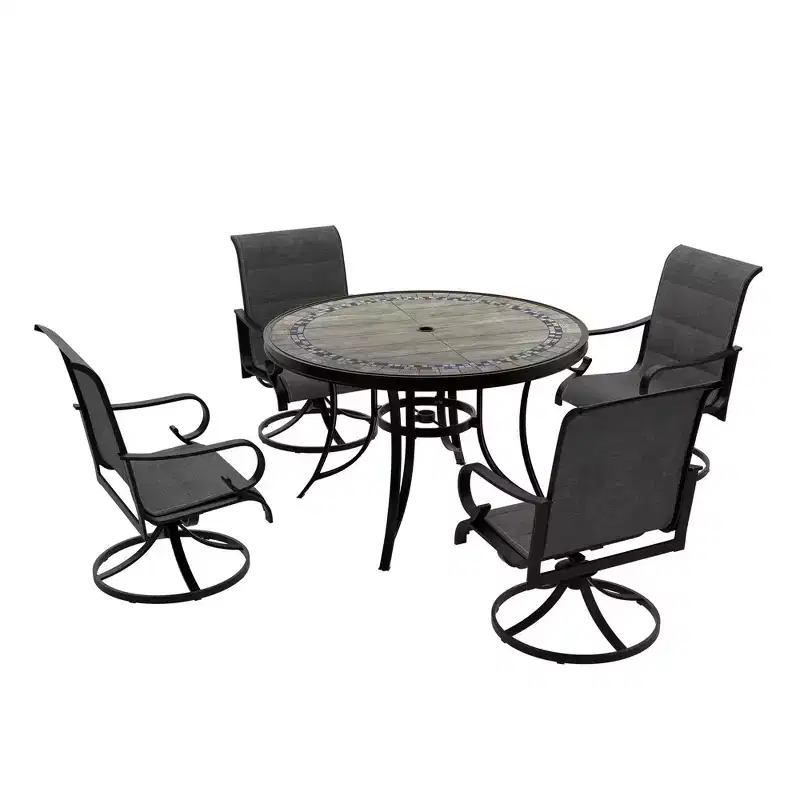 CLIHOME 5-Piece Outdoor Aluminum Dining Set With 4 360 Swivel Chairs & 1 48 Round Ceramic Tile Table Equipped With 2.3 Umbrella Hole