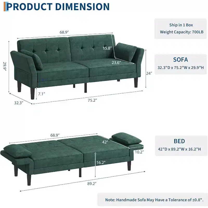 89 Chenille Futon Sofa Bed, Modern Convertible Sleeper Couch with Adjustable Backrest & Armrests, 3-Seat Sofa with 2 Pillows for Apartment