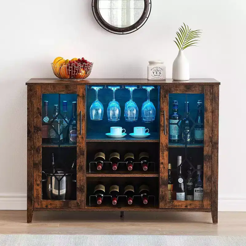 Wine Cabinet , Glass Door Liquor Cabinet with Wine Rack,Table with Storage, Liquor Sideboard with Adjustable Shelves for Living Room