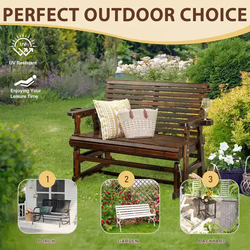 Karl Home | 48 in. Solid Wood Patio Glider Bench with Cup Holder