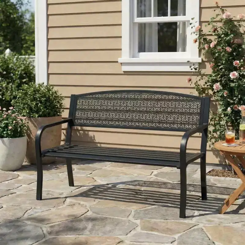 2 Person Metal Outdoor Bench for Garden, Steel Benches Furniture with Geometric Backrest for Patio, Garden & Porch