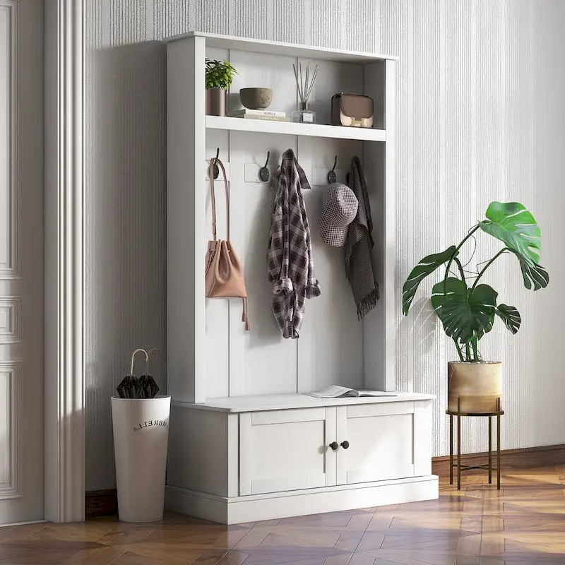 HOMCOM Freestanding Hall Tree, Entryway Bench with Coat Rack, Shoe Cabinet and Top Shelf