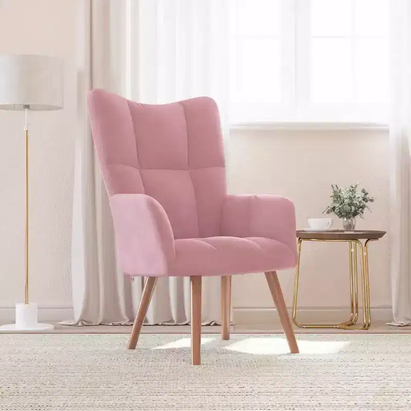 vidaXL Pink Relaxing Chair - Velvet Armchair with Solid Rubber Wood Legs and Steel Frame, Modern Style