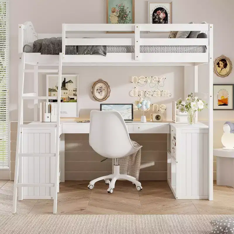 Whisen Modern Design Twin Size Wooden Loft Bed with Drawers, Cabinet, Shelves and Desk - White
