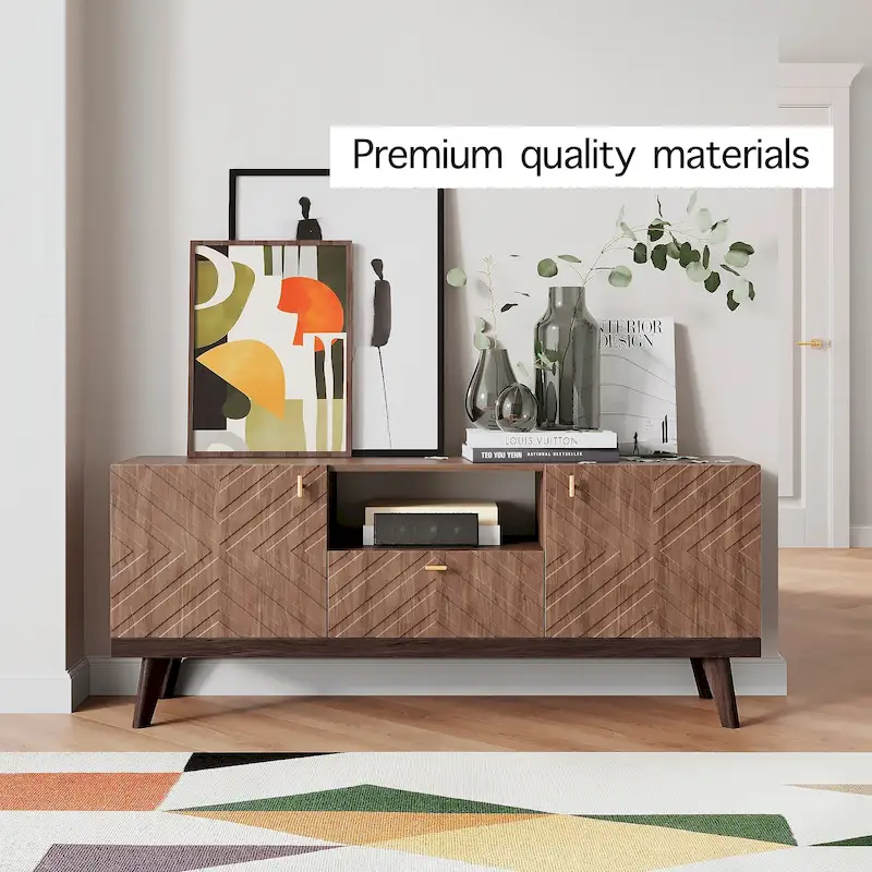 Mid-Century Modern TV Stand Console with Drawer, Beige, Fits TVs up to 65 in, Wood Legs